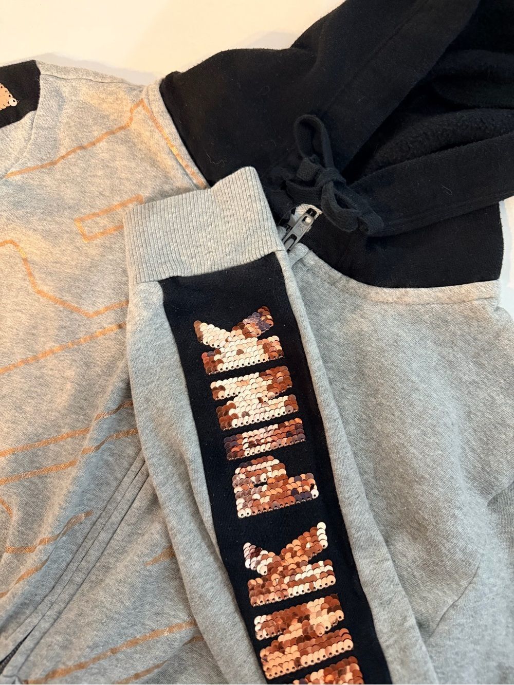 Victorias Secret PINK Sequin Spellout Full Zip Sweatshirt Medium Gray Black